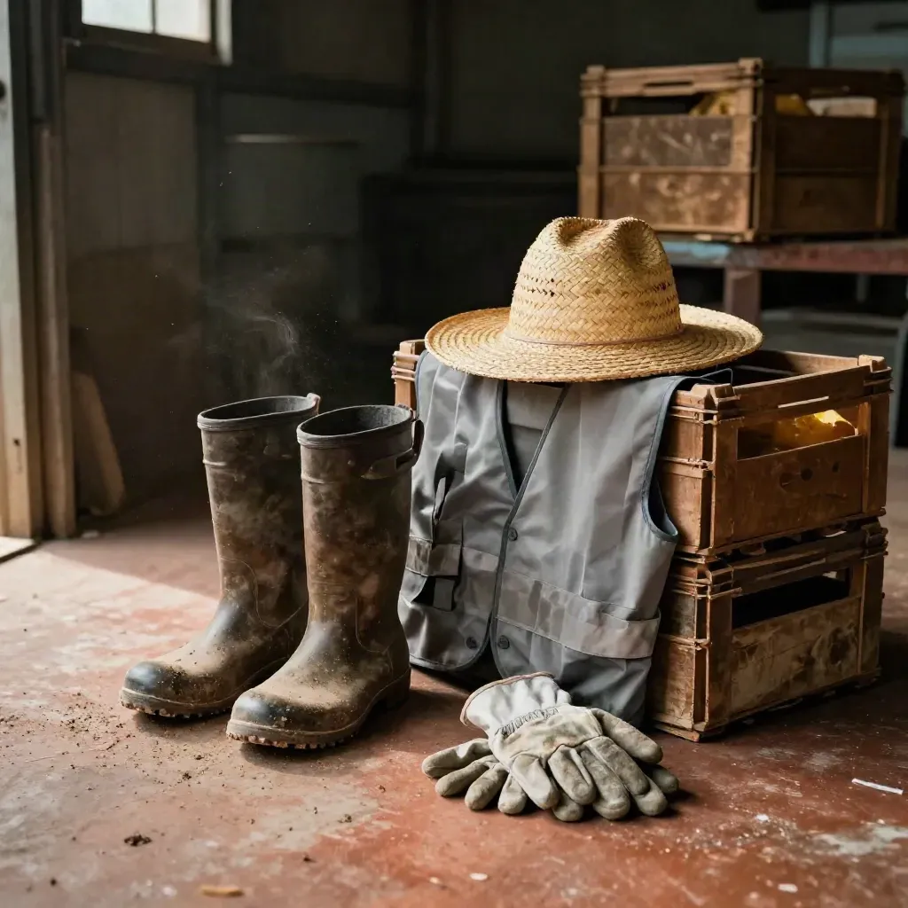 Kit sazonal de colheita com botas, chapéu, luvas e colete ao lado de caixas vazias no galpão.
