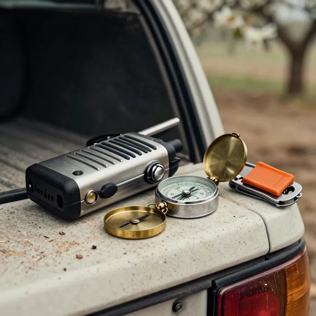 Rádio de campo, bússola e contador manual sobre travertino, em luz dura de coordenação rural.