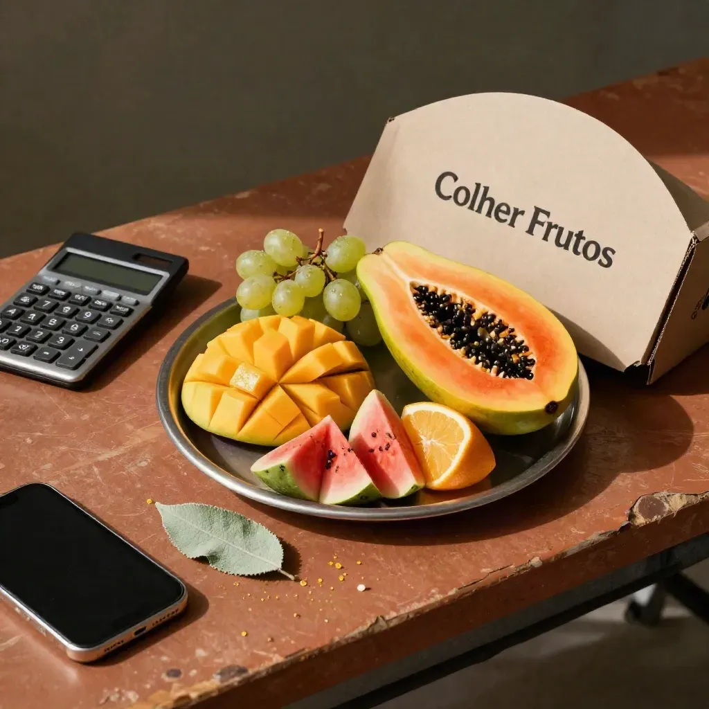 Bandeja de frutas frescas, calculadora, telefone e caixa de envio sobre bancada rústica.